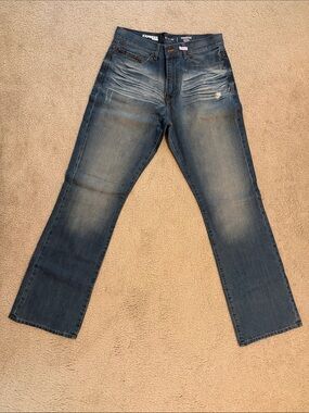 Express Men’s Blue Bootcut Jeans with Faded Detailing